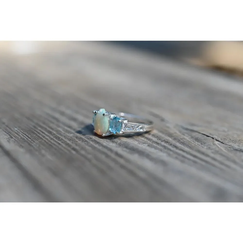 Ethiopian Opal and Apatite Ring Sterling Silver Oval Opal Engagement Ring
